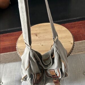 Non Signe Y2K Vintage Green Distressed Denim Double Pocket Messenger Bag